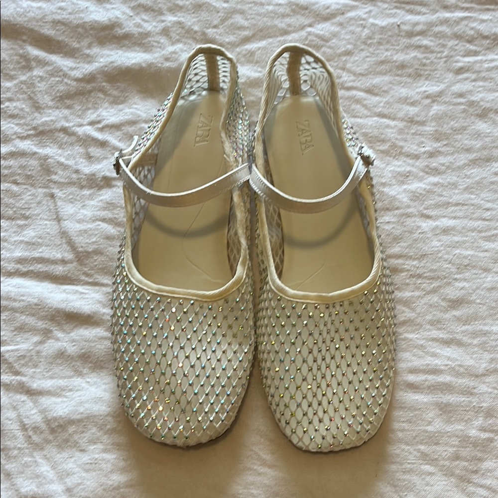 Zara White Mesh Embellished Ballet Flats